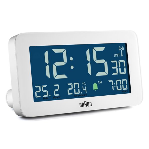 Braun digital vekkerklokke med dato/sekunder/temperatur